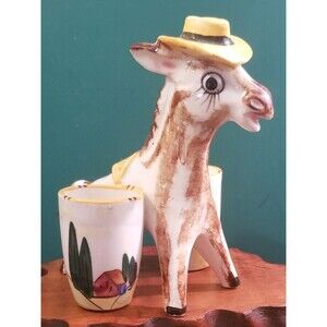 Vintage Ceramic Donkey w/ Hat & 2 Baskets Toothpick Holder 5.5"x5"x4.5"